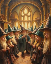 Immerse yourself in the enchanting world of a magical school depicted in a classic oil painting. This artwork features adorab