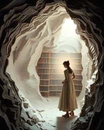 Explore an ethereal spiritual vibe with a person discovering a hidden underground library sculpted from layered papier-mâché.