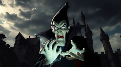 A classic Disney villain with sharp features and pale skin is depicted casting a powerful spell within the crumbling walls of