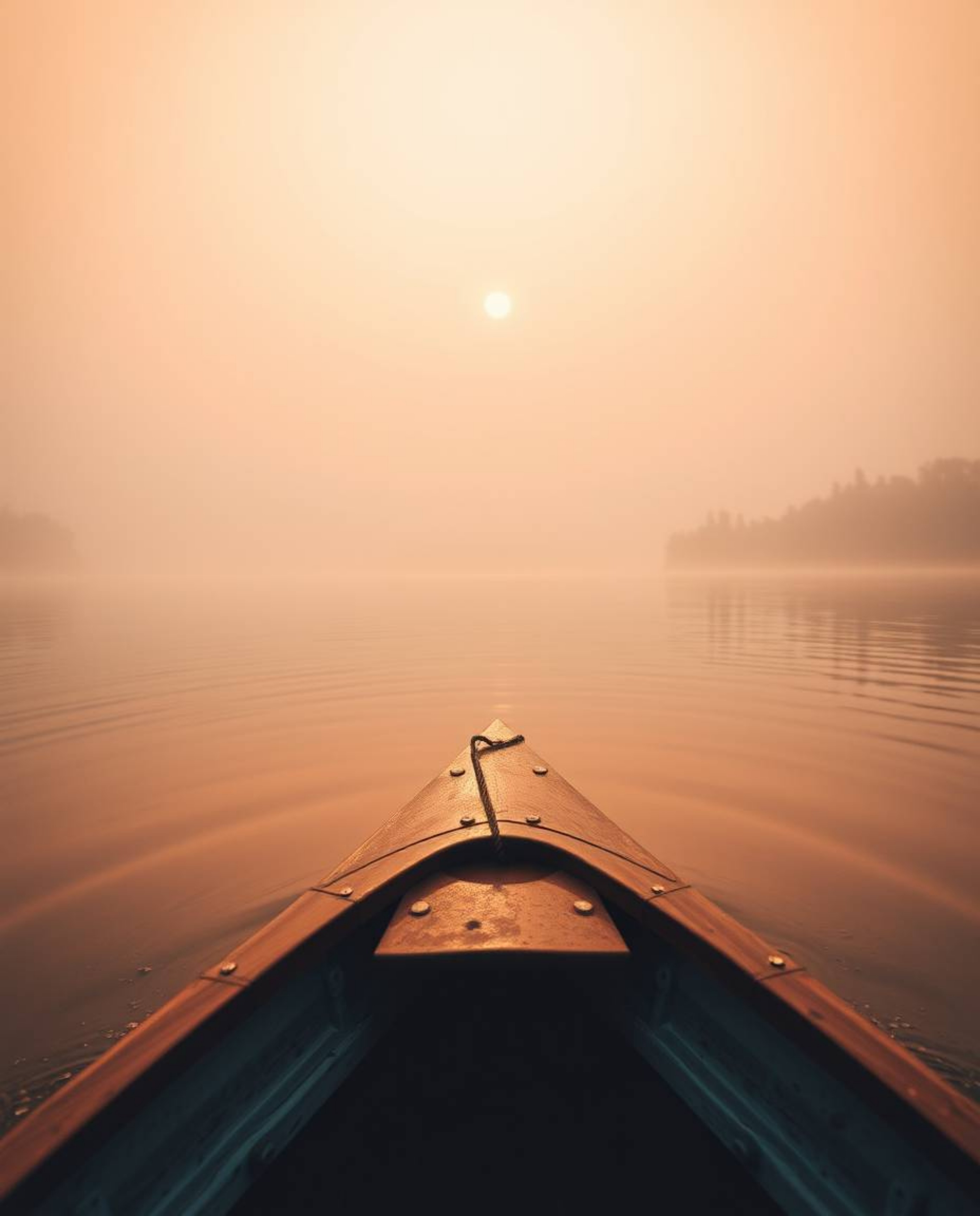 From a high-angle perspective, this image captures a boat drifting on a lake at sunset. The scene is enveloped in a soft cine