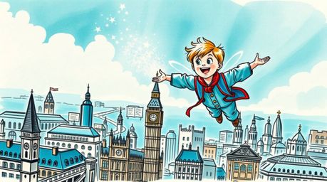 A vibrant and detailed hand-drawn color sketchnote features a tight close-up shot showcasing a young boy gracefully flying ab