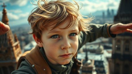 A captivating close-up shot features a young boy soaring above London, propelled by pixie dust. The image focuses on his dete