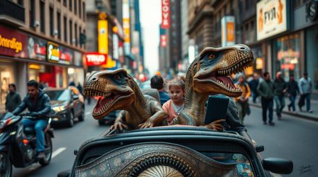 Experience the vibrant energy of a candid street photography series featuring a prehistoric family cruising through a modern 
