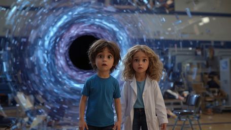 A vibrant, cinematic photograph of two enthusiastic science fair contestants, resembling Pixar characters, standing amidst th