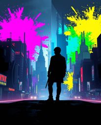 A captivating image showcasing a futuristic cityscape bathed in vibrant neon splashes.  The cyberpunk environment is dramatic