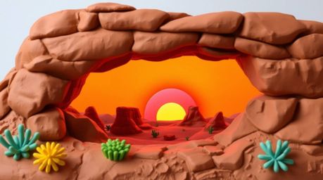 This stunning clay sculpture captures a vibrant sunset framed by a natural rock arch in the desert. The artwork boasts bright