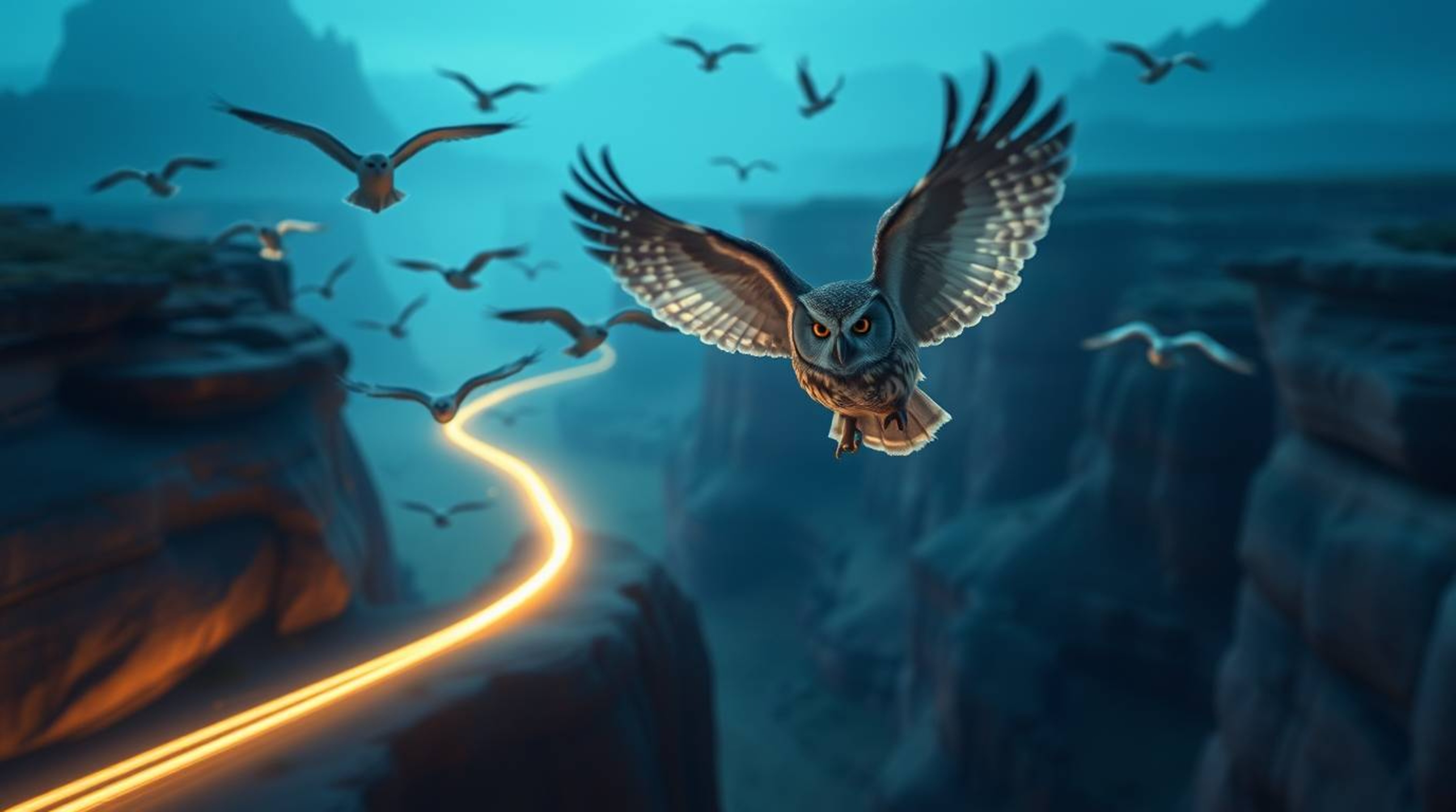 This long exposure, cinematic photograph captures a mystical and joyful mood as a blind owl, rendered in a heartwarming Pixar