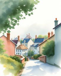 A captivating watercolor painting depicts a sleepy town nestled in gentle soft light and diffused shadows. Pastel-colored ho