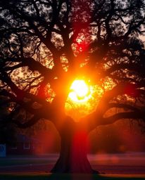Volumetric lighting and bright, vibrant colors illuminate a sunset behind an old oak tree with twisted branches. This lively,