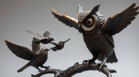 This unique cast bronze sculpture depicts a blind owl in a Pixar-inspired style, tenderly guiding young birds to take flight.