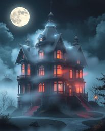 A mesmerizing sci-fi illustration depicting a fog-laden Victorian mansion bathed in ethereal moonlight, seamlessly blending a