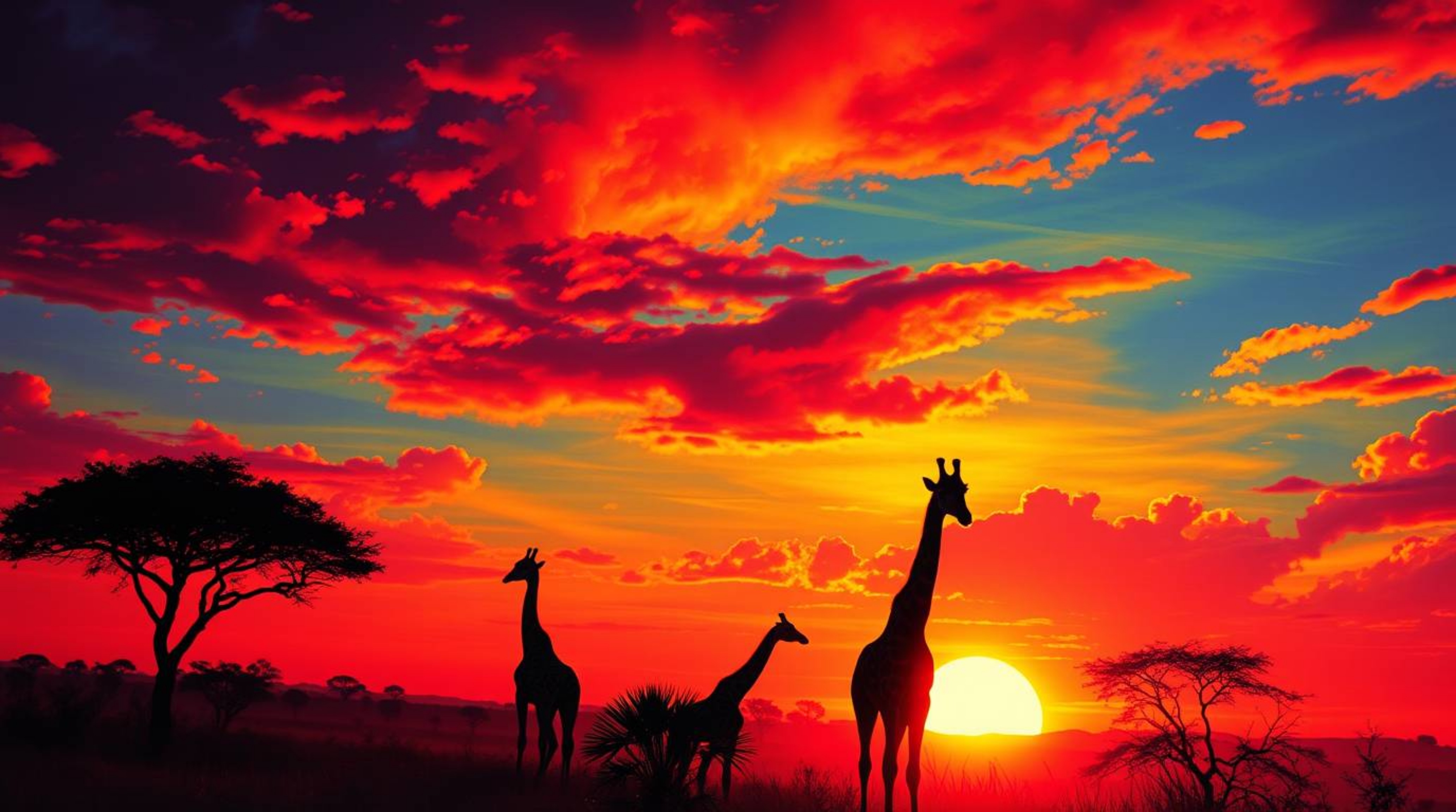 A breathtaking high-angle painting depicts a vibrant, electric-colored sunset over the African savanna.  Silhouetted giraffes