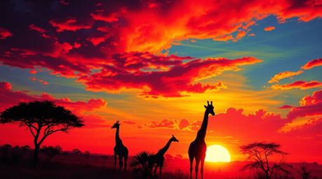 A breathtaking high-angle painting depicts a vibrant, electric-colored sunset over the African savanna.  Silhouetted giraffes