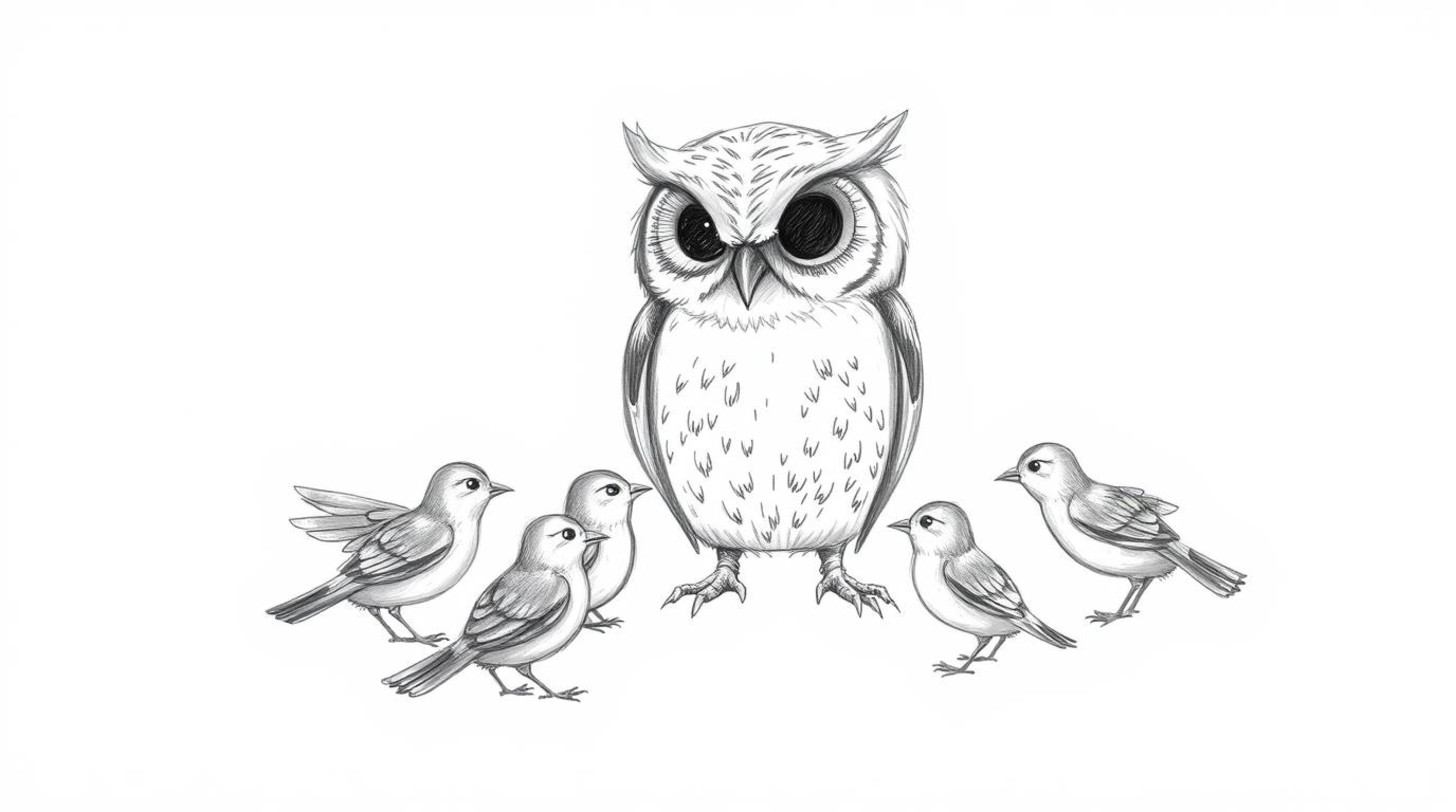 A hand-drawn, Pixar-style sketch depicts a wise-looking blind owl with soft, downy feathers patiently observing young birds l