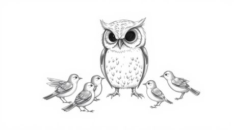 A hand-drawn, Pixar-style sketch depicts a wise-looking blind owl with soft, downy feathers patiently observing young birds l