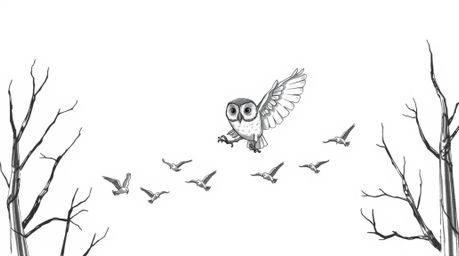 A charming hand-drawn sketch in the style of Pixar depicts a blind owl gliding through trees, teaching a flock of birds to fl