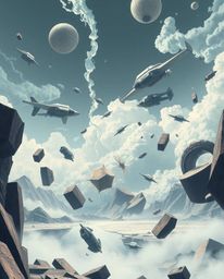 Experience a modern future epic scene showcasing a surreal storm, complete with flying objects and the disruption of gravity.