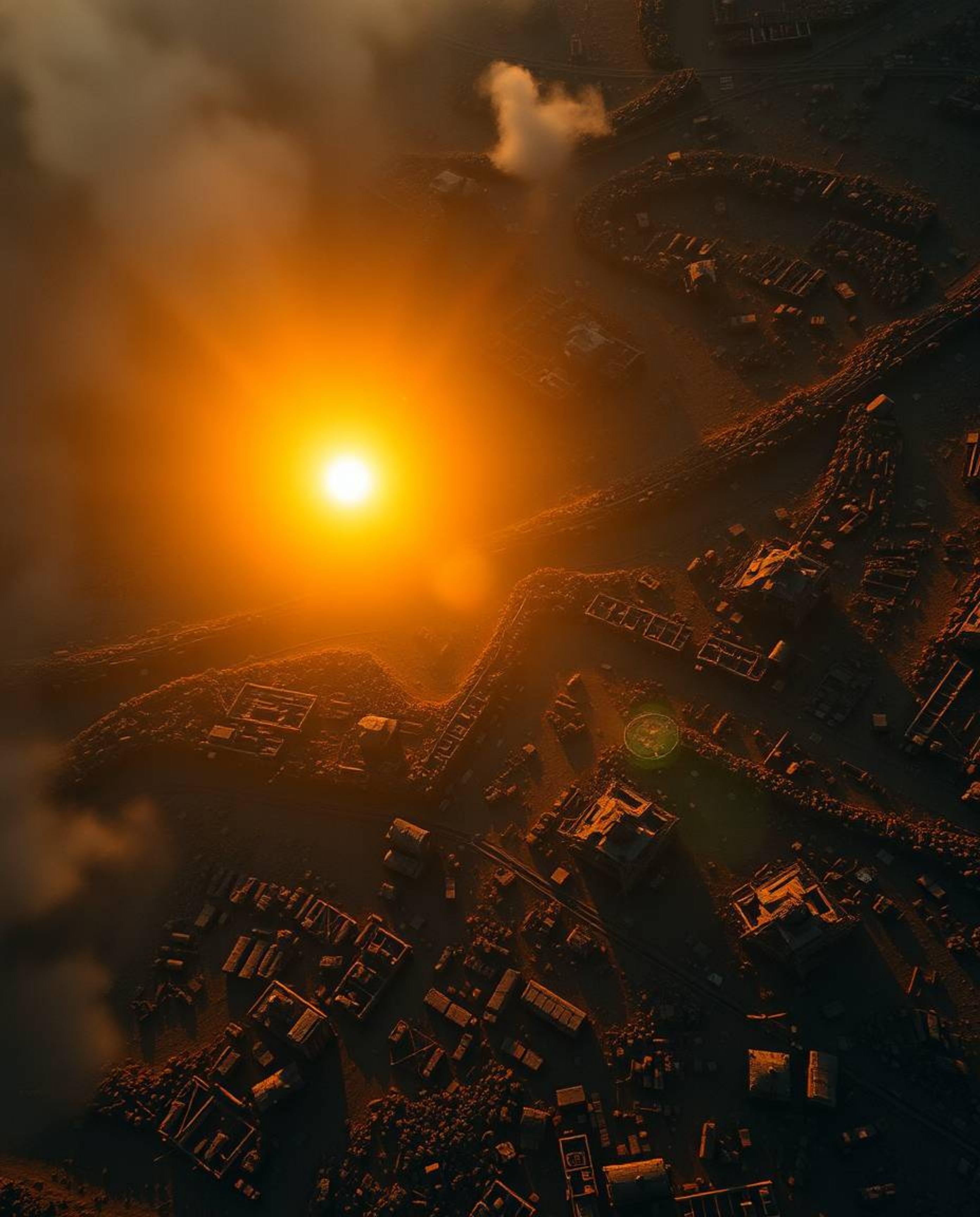 A captivating overhead shot captures a sunrise painting the ravaged landscape in harsh, dramatic light.  The strong shadows a
