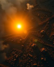 A captivating overhead shot captures a sunrise painting the ravaged landscape in harsh, dramatic light.  The strong shadows a