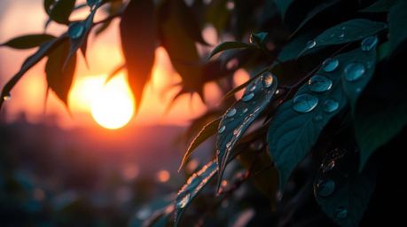 Capture the cool, ethereal, and spiritual vibe of a sunset reflecting in raindrops on leaves, bathed in a mystical light aura