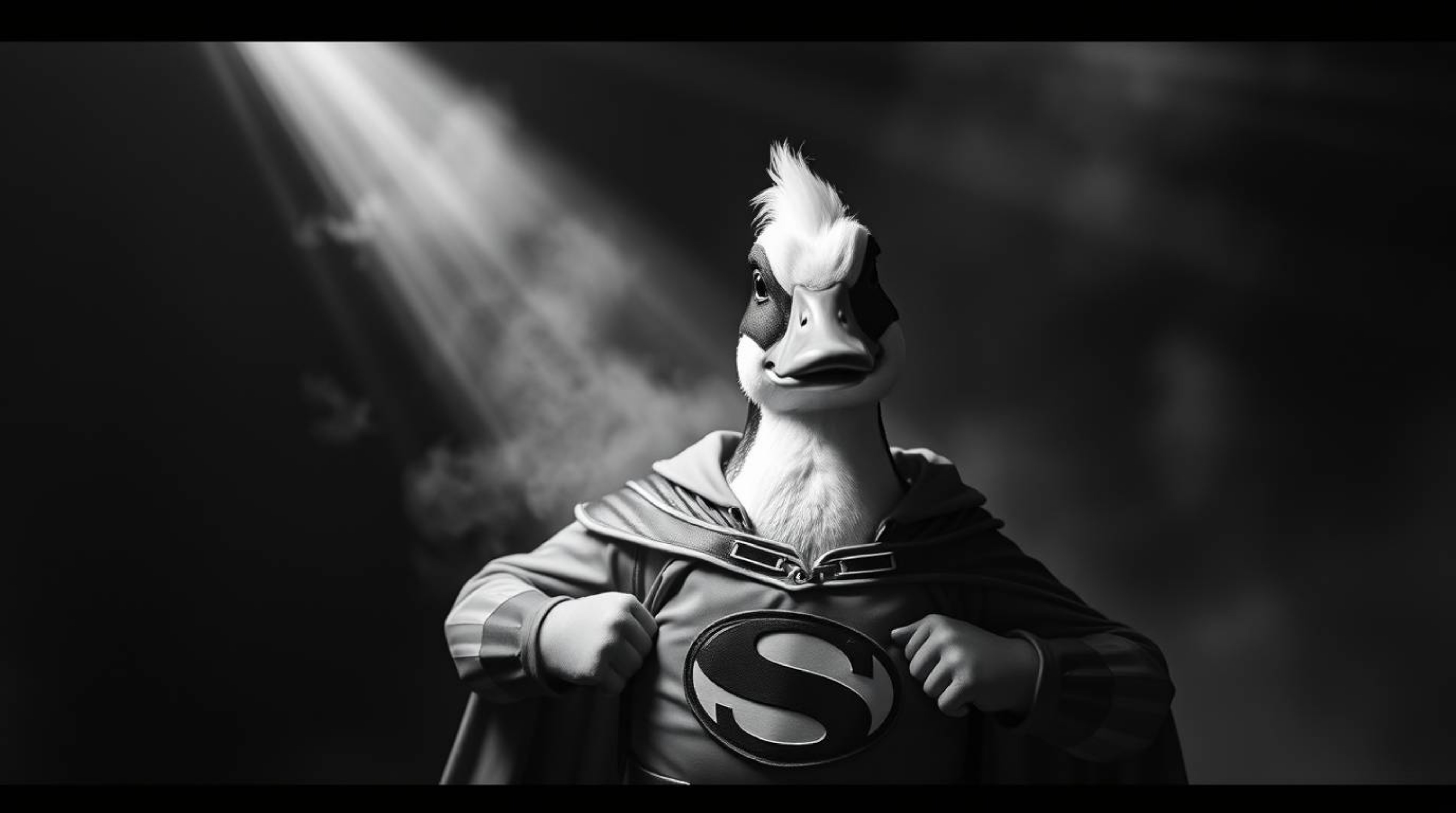 This striking black and white image features a duck hilariously dressed in a zany superhero costume. The scene is enhanced by