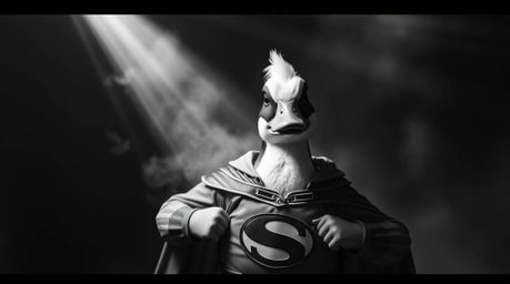This striking black and white image features a duck hilariously dressed in a zany superhero costume. The scene is enhanced by