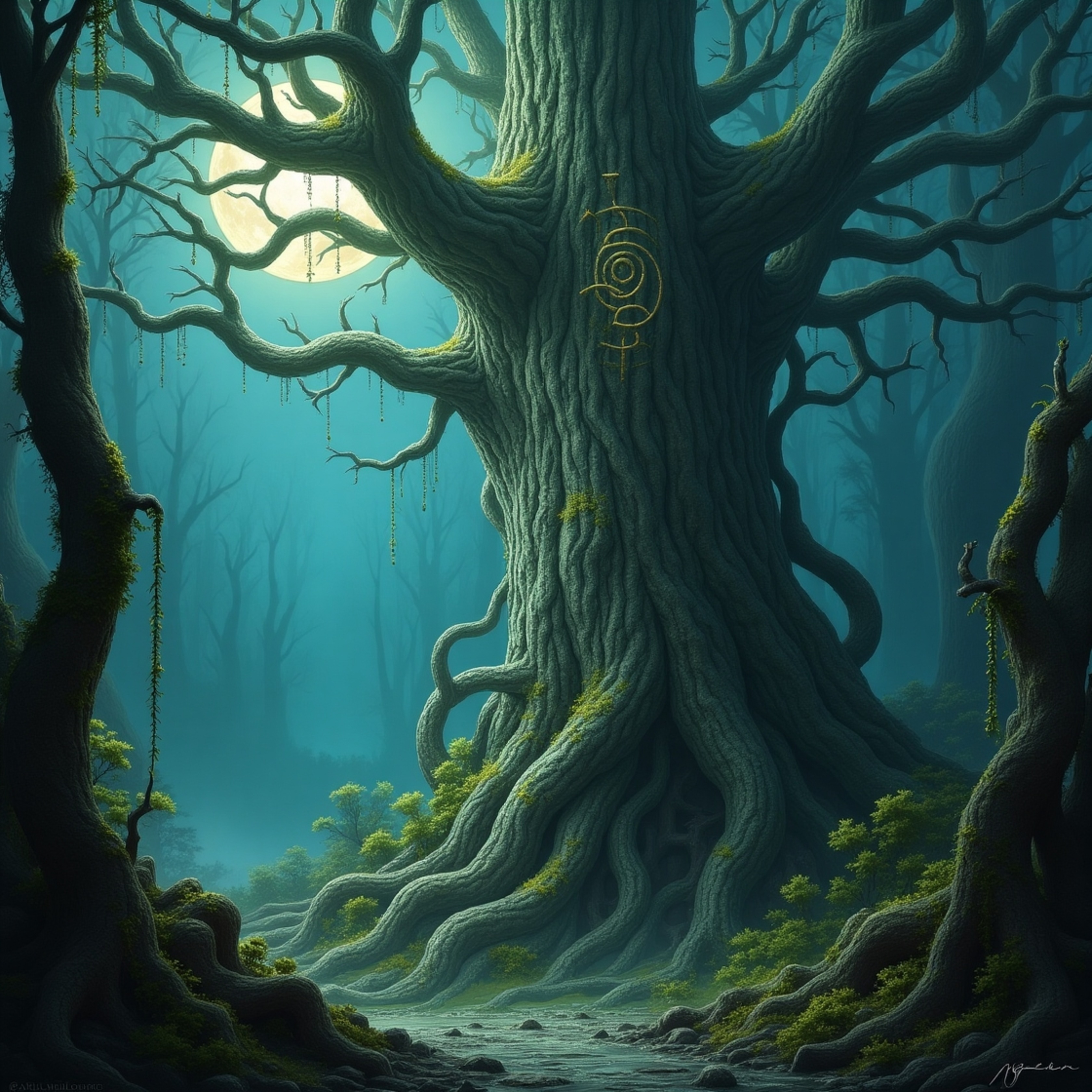 Imagine an ancient, sentient tree, its silver bark etched with pulsing runes, standing sentinel in a misty, moonlit mystical 