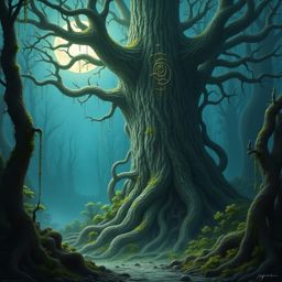 Imagine an ancient, sentient tree, its silver bark etched with pulsing runes, standing sentinel in a misty, moonlit mystical 