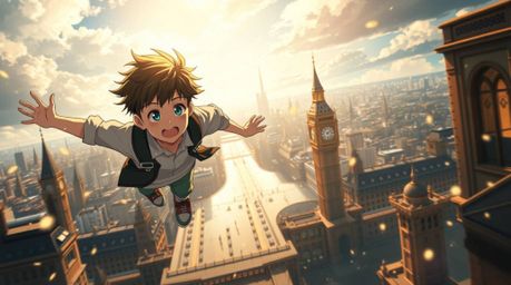 A young boy with expressive features takes flight above London, powered by shimmering pixie dust, in a grand and epic Isekai 