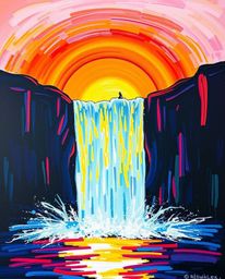 This is a bold acrylic painting depicting a sun setting behind a dramatic waterfall. It features vibrant colors and expressiv