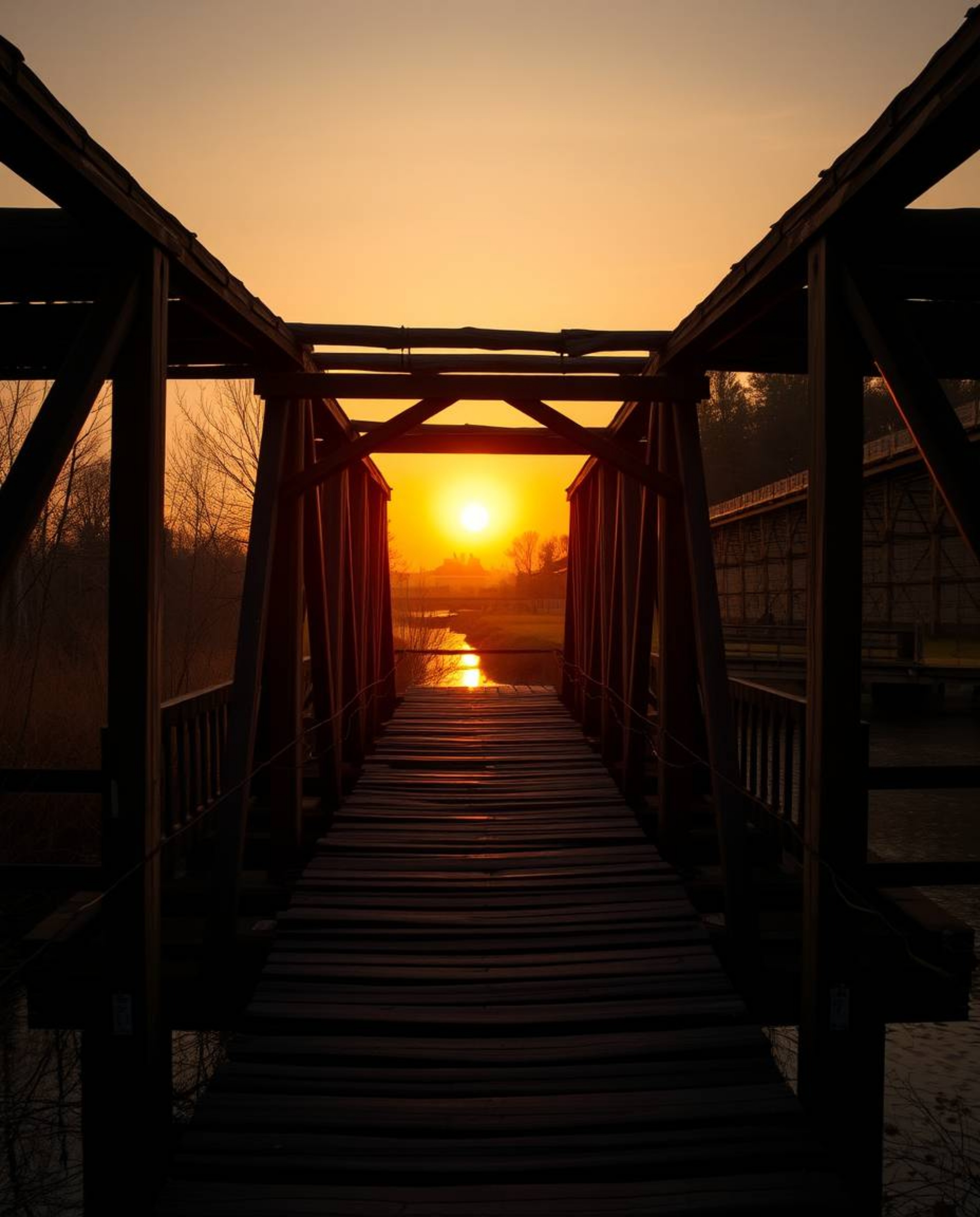 This is a professional fine art photograph of an old wooden bridge over a river at sunset, crafted with an editorial feel in 