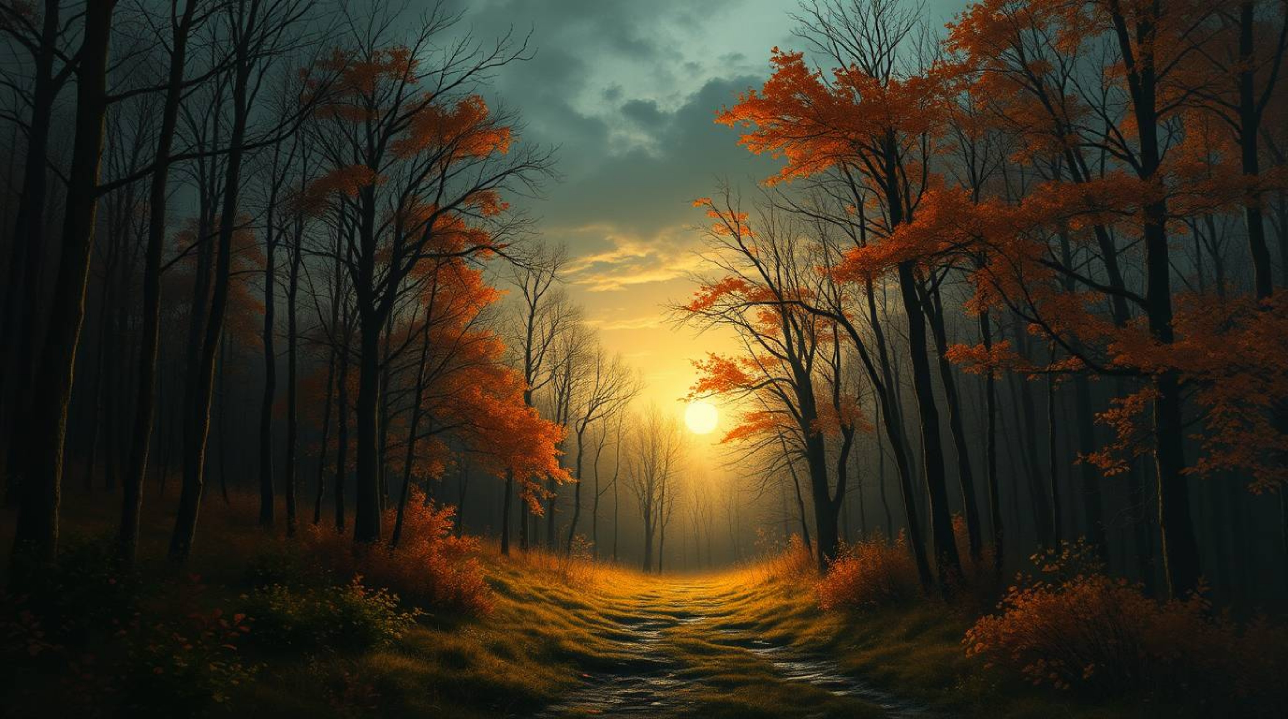 A captivating digital painting depicts an eerie autumn forest at sunset.  Harsh shadows and dark tones, created by strong lig