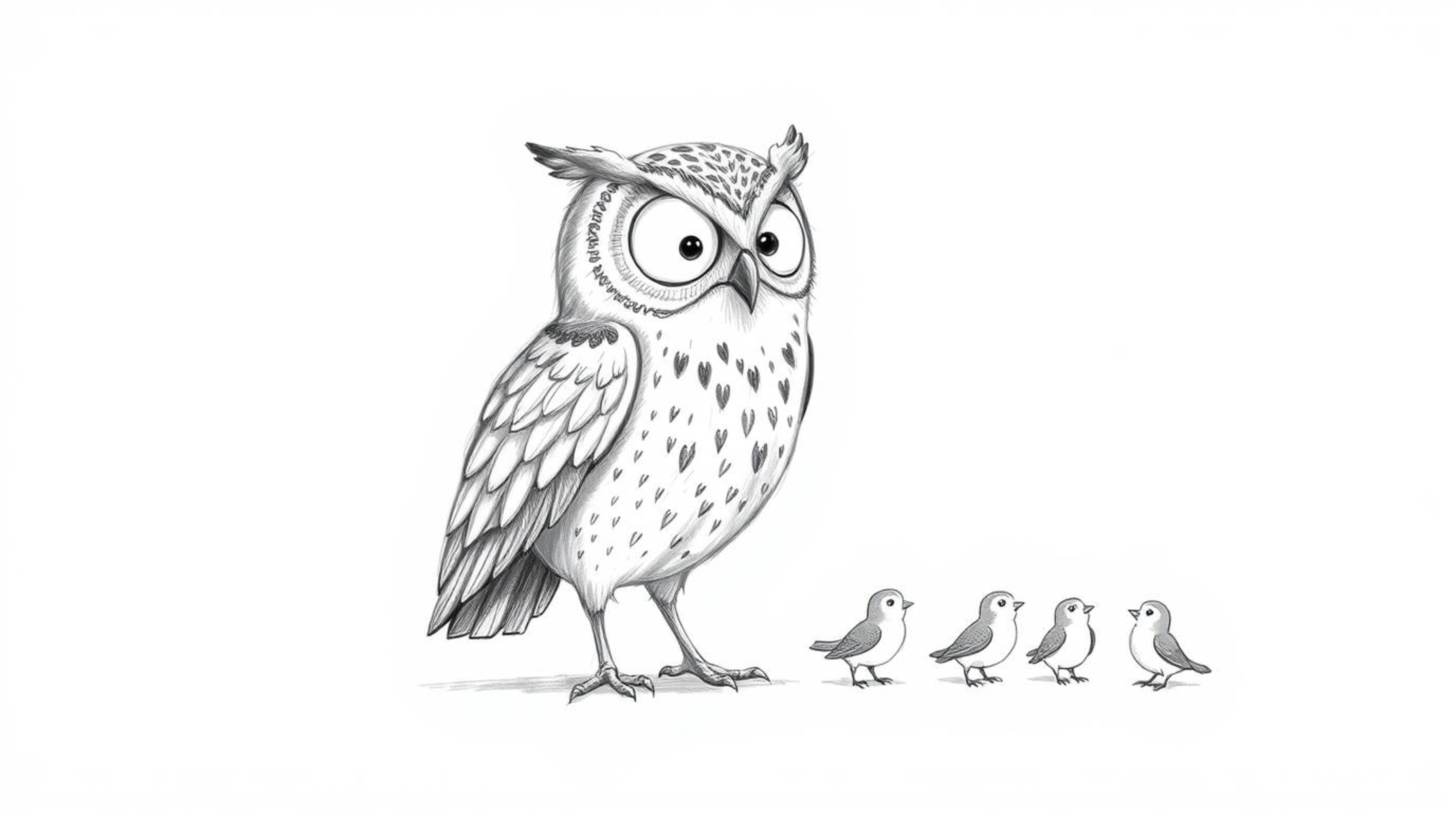 A heart-warming Pixar-style, hand-drawn sketch depicts a blind owl, its feathers meticulously rendered with textured pencil s