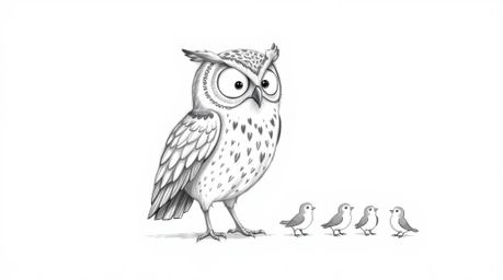 A heart-warming Pixar-style, hand-drawn sketch depicts a blind owl, its feathers meticulously rendered with textured pencil s