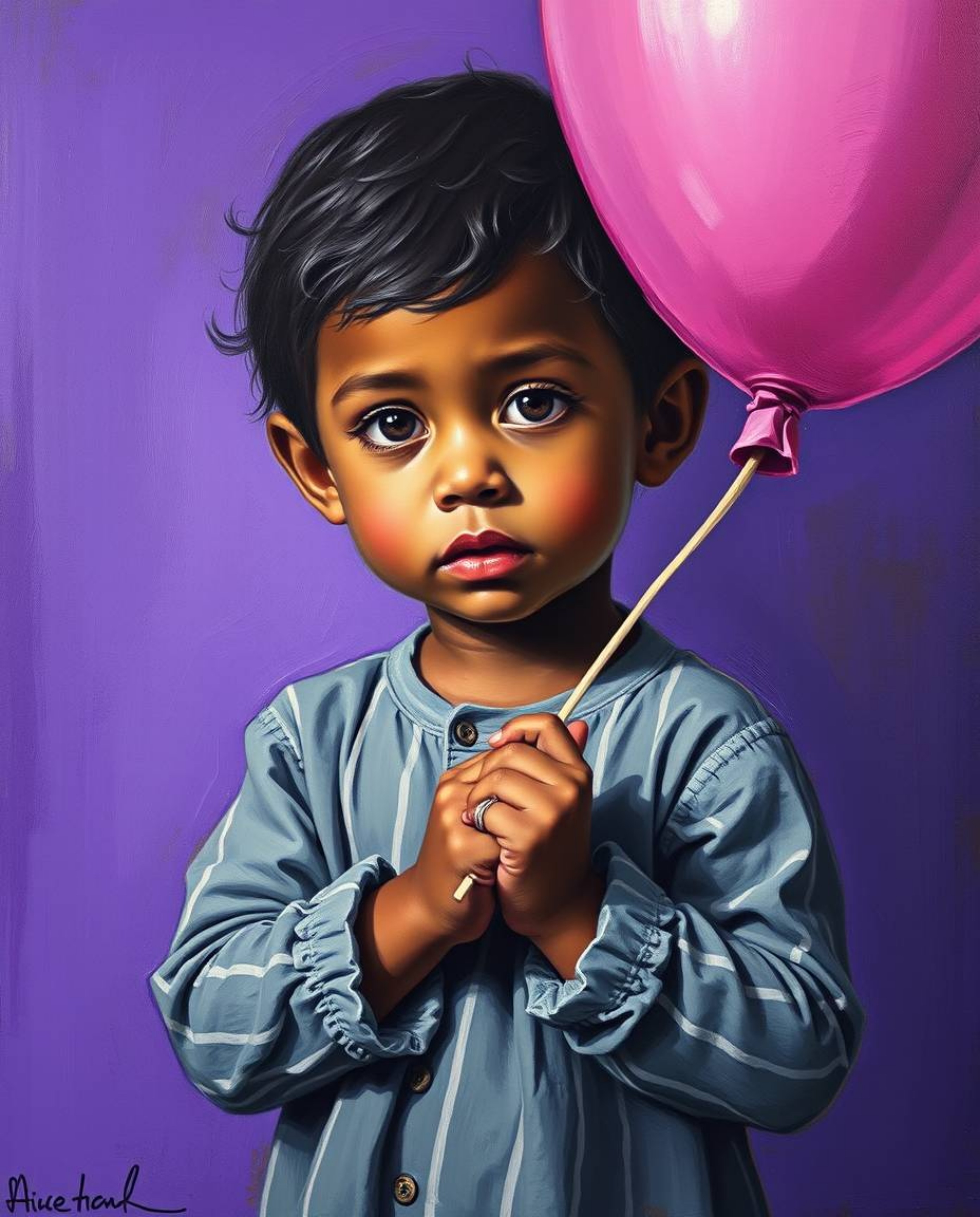 A captivating classic oil painting showcases a child with olive skin holding a balloon.  Rendered in deep ultraviolet hues, t