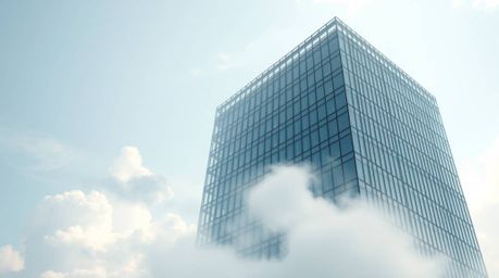 This fine art photograph captures an ethereal and spiritual vibe, showcasing a modern glass building seamlessly dissolving in