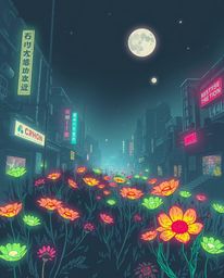 Explore the captivating contrast of vibrant, bioluminescent flowers thriving within a desolate post-apocalyptic cityscape. Th