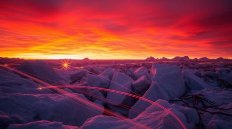 A stunning long-exposure photograph captures the vibrant hues of a sunset over icy polar glaciers.  Artistic lighting creates