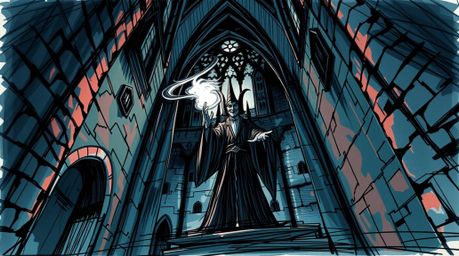 Explore a dramatic, low-angle perspective of a classic Disney villain casting a spell within the aged walls of an old castle.
