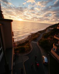 This is a candid street photography piece from an overhead bird's eye view, capturing spontaneous urban scenes along a windin
