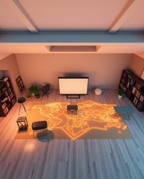 Experience a mesmerizing fusion of old and new with a glowing map projection in an old study. This modern flat design incorpo