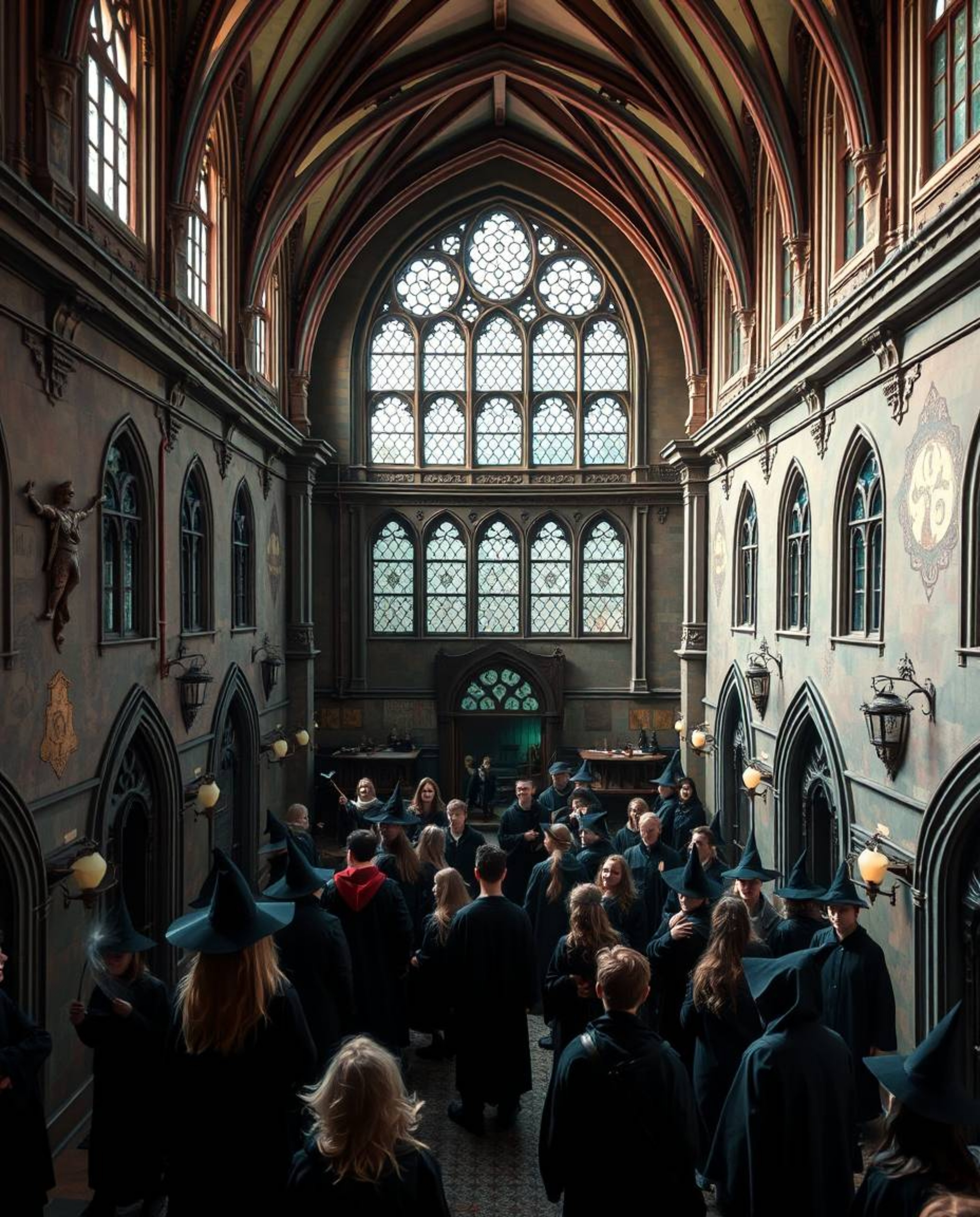 Explore a precisely detailed architectural color photograph showcasing a magical school brimming with young wizards. This mys