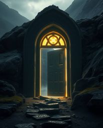 An ancient doorway, etched with glowing runes, is embedded within a majestic mountainside, radiating an intense jet black col