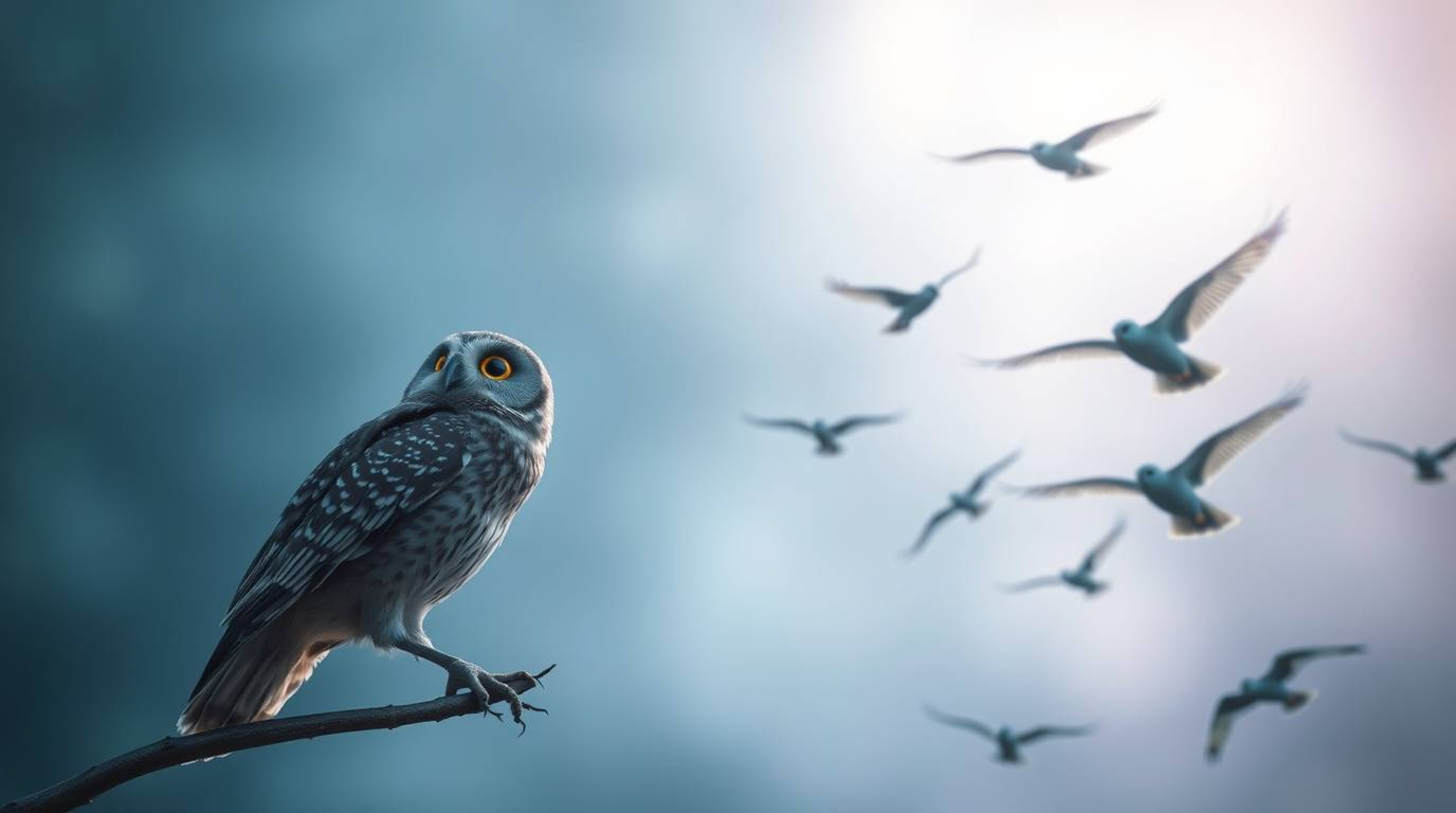 This long exposure photograph depicts a truly ethereal and spiritual scene. A blind owl, styled in the heartwarming manner of