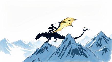 A hand-drawn color sketchnote silhouette depicts a dragon and rider soaring above icy mountains, beautifully illuminated by b