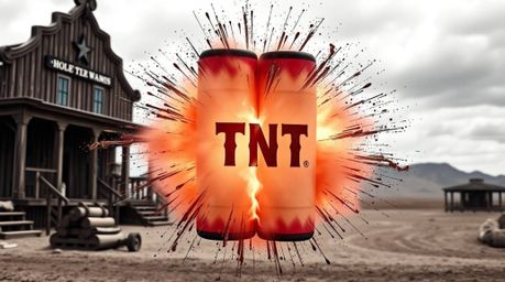 Experience a classic exploding TNT gag set in the wild west, featuring a distinct split and graceful design. This image showc