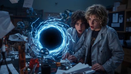 A dynamic, cinematic photograph, reminiscent of Pixar's vibrant style, captures a science fair duo amidst a cluttered table, 