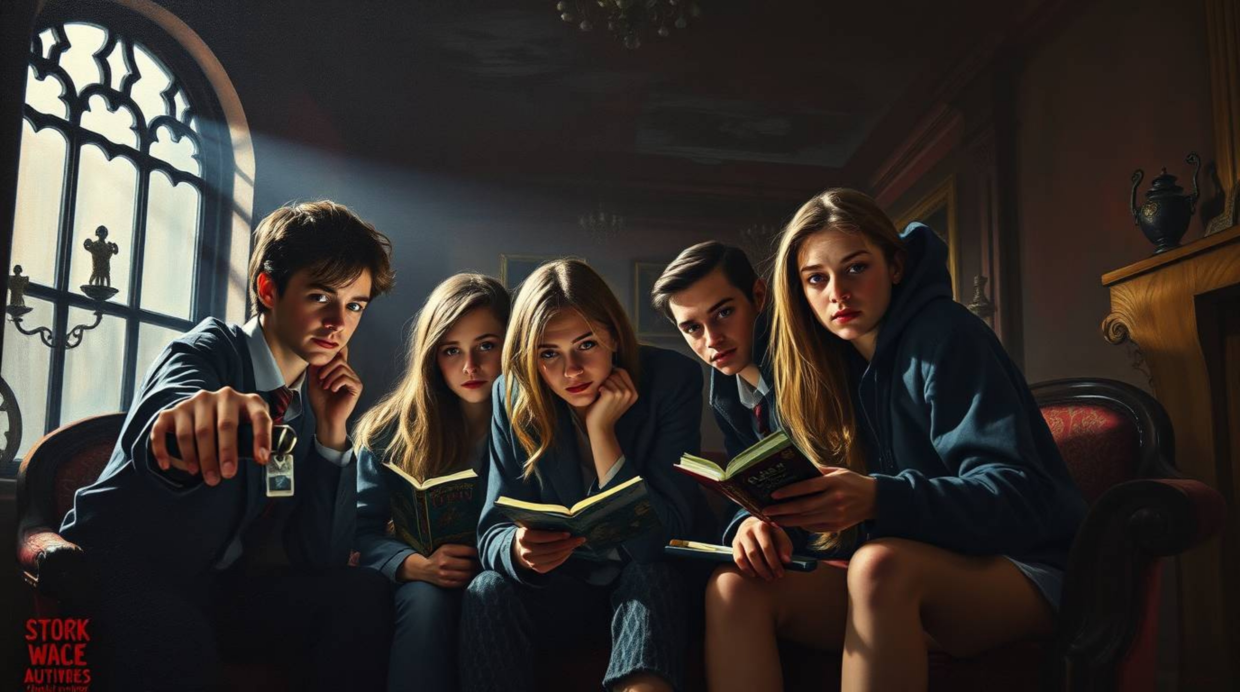 A classic oil painting showcases a group of teenagers unraveling mysteries within a haunted mansion.  The artwork masterfully