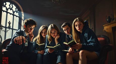 A classic oil painting showcases a group of teenagers unraveling mysteries within a haunted mansion.  The artwork masterfully