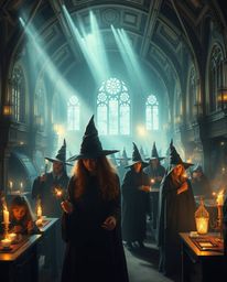 Explore a magical school brimming with young wizards, rendered in a futuristic sci-fi style and bathed in intense dramatic li